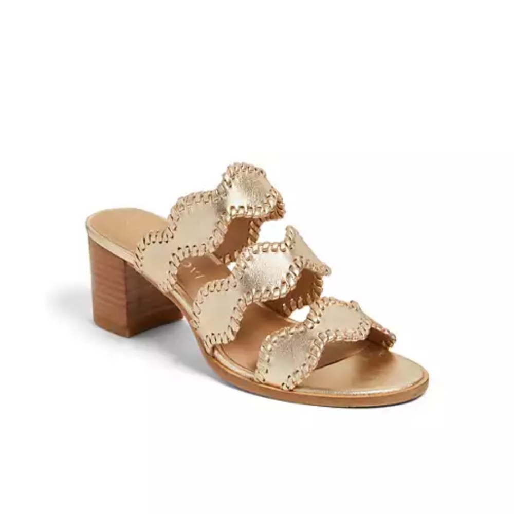 Jack Rogers Logan Mid Heel Espadrille Sandal (Wood Block Heel, Gold Leather) NEW